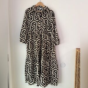 Zara Geometric Print Karen Midi Tunic Dress Black & Ecru Womens Size S